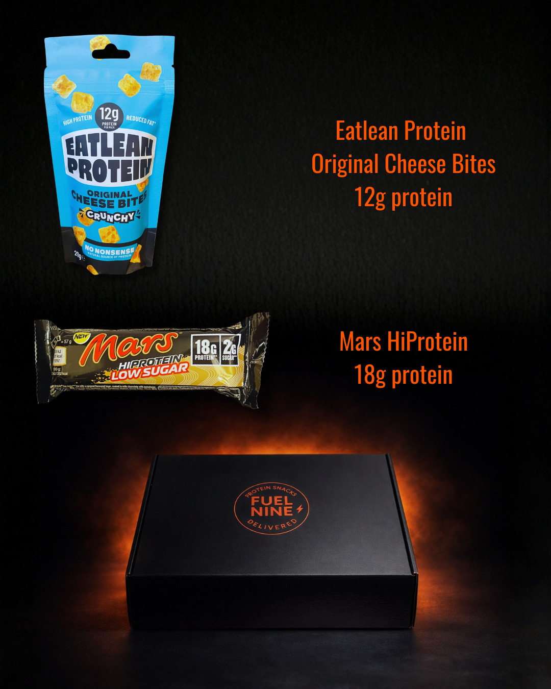 Protein product packaging including Eatlean Protein and Mars HiProtein on a dark background with 'FuelNine' box.
