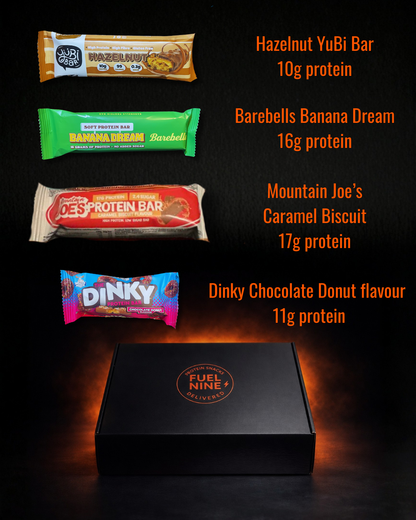 Four protein bars with their names and protein contents displayed on a dark background, featuring the FuelNine Delivery box.